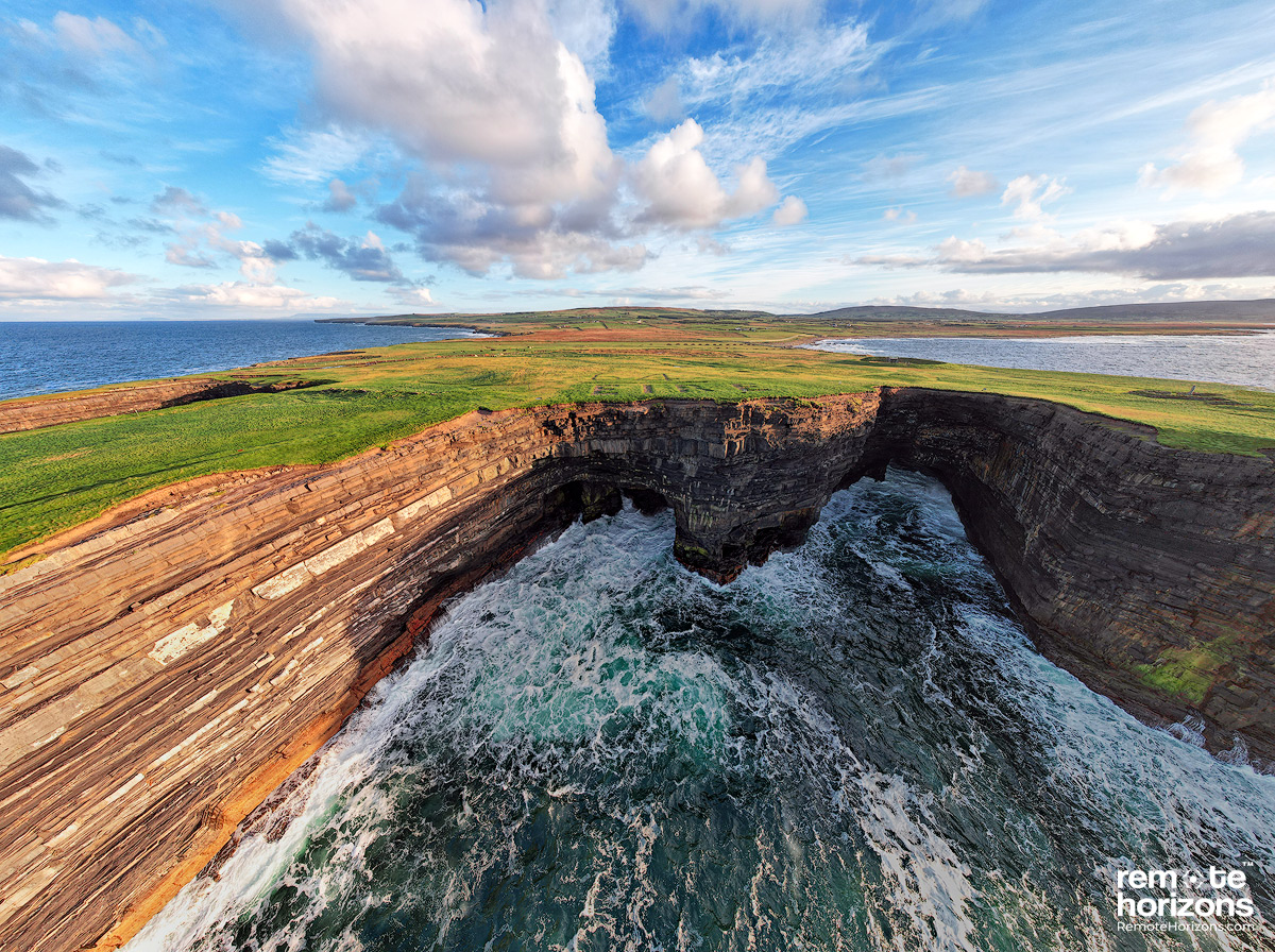 Aerial landscape panorama photograph of Downpatrick Head, County Mayo, Ireland.  This shows the Eire 64 sign.