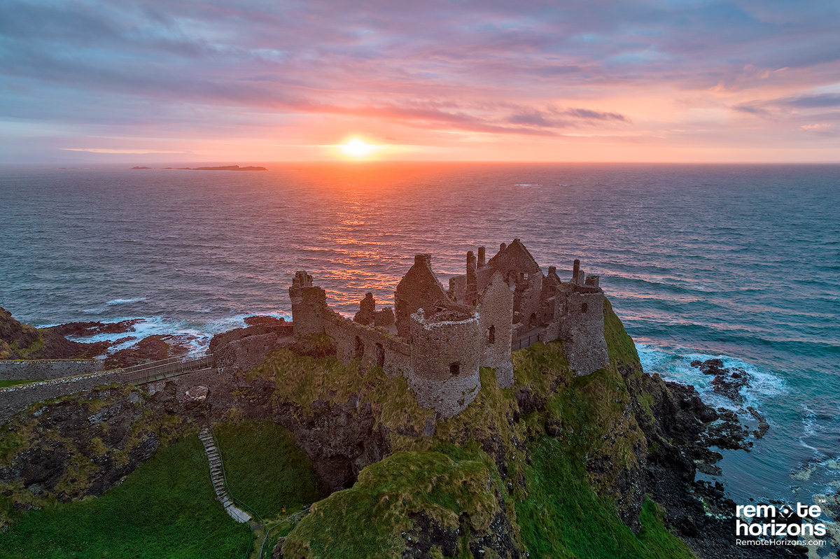 Northern Ireland aerial landscape photography of Dunluce Castle