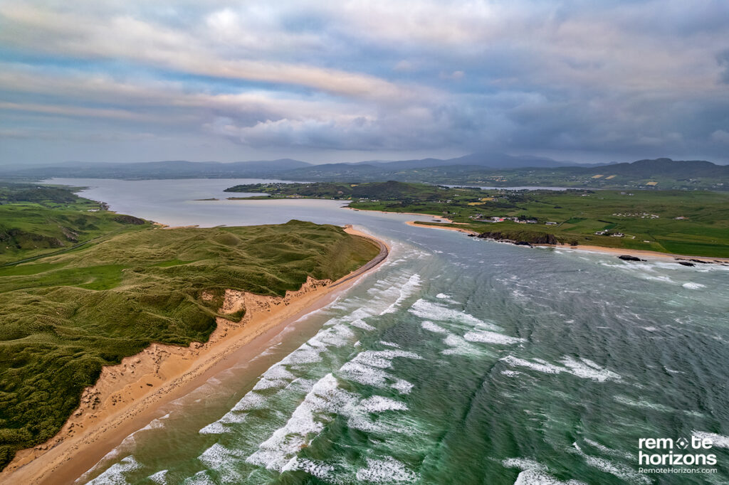 Aerial landscape photograph of Five Fingers Strand, Donegal, Ireland