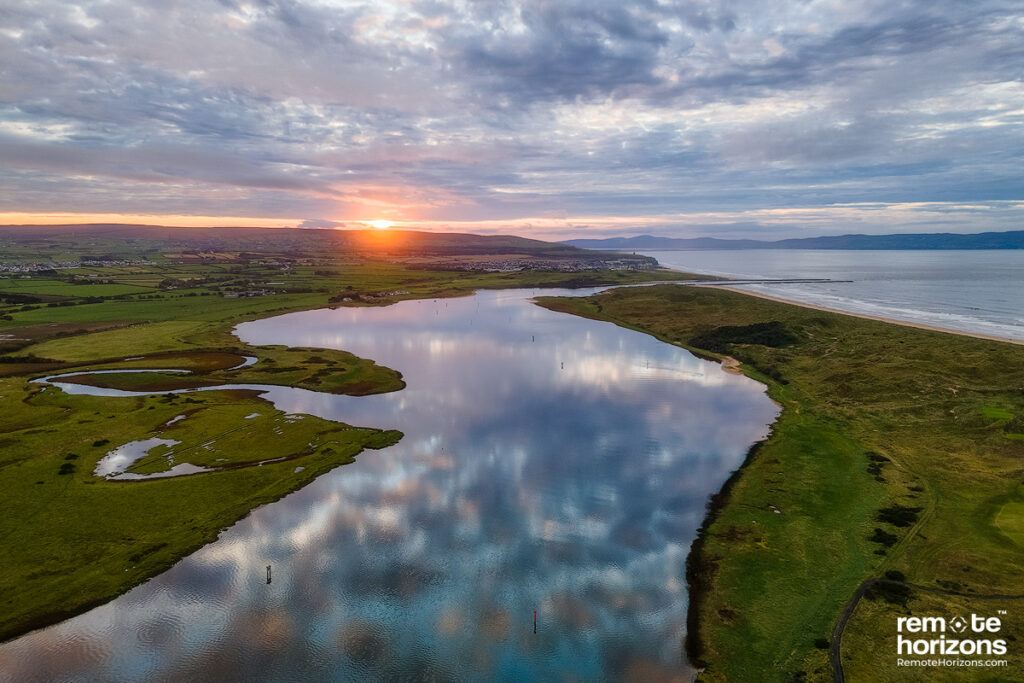 Northern Ireland Aerial Landscape Photography of the River Bann, showing Portstewart Strand and Golf CLub, Castlerock and Mussenden Temple.
