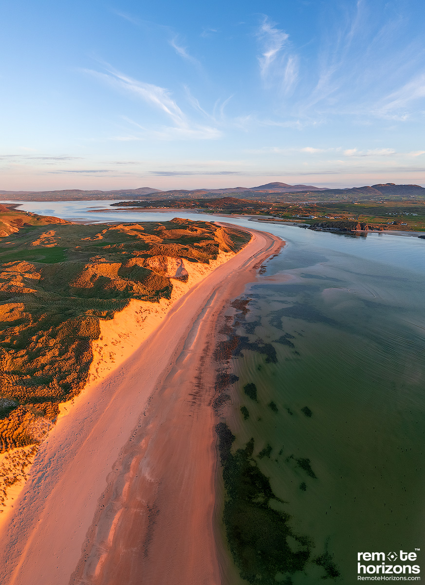 Vertical panoramic aerial landscape photograph of Five FIngers Strand, Donegal, Ireland
