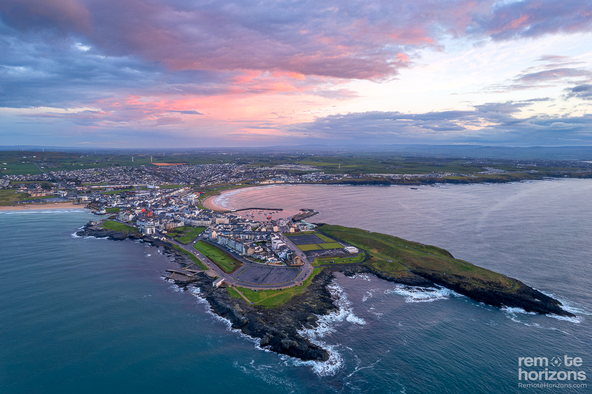 Aerial landscape photograph of Portrush, Northern Ireland