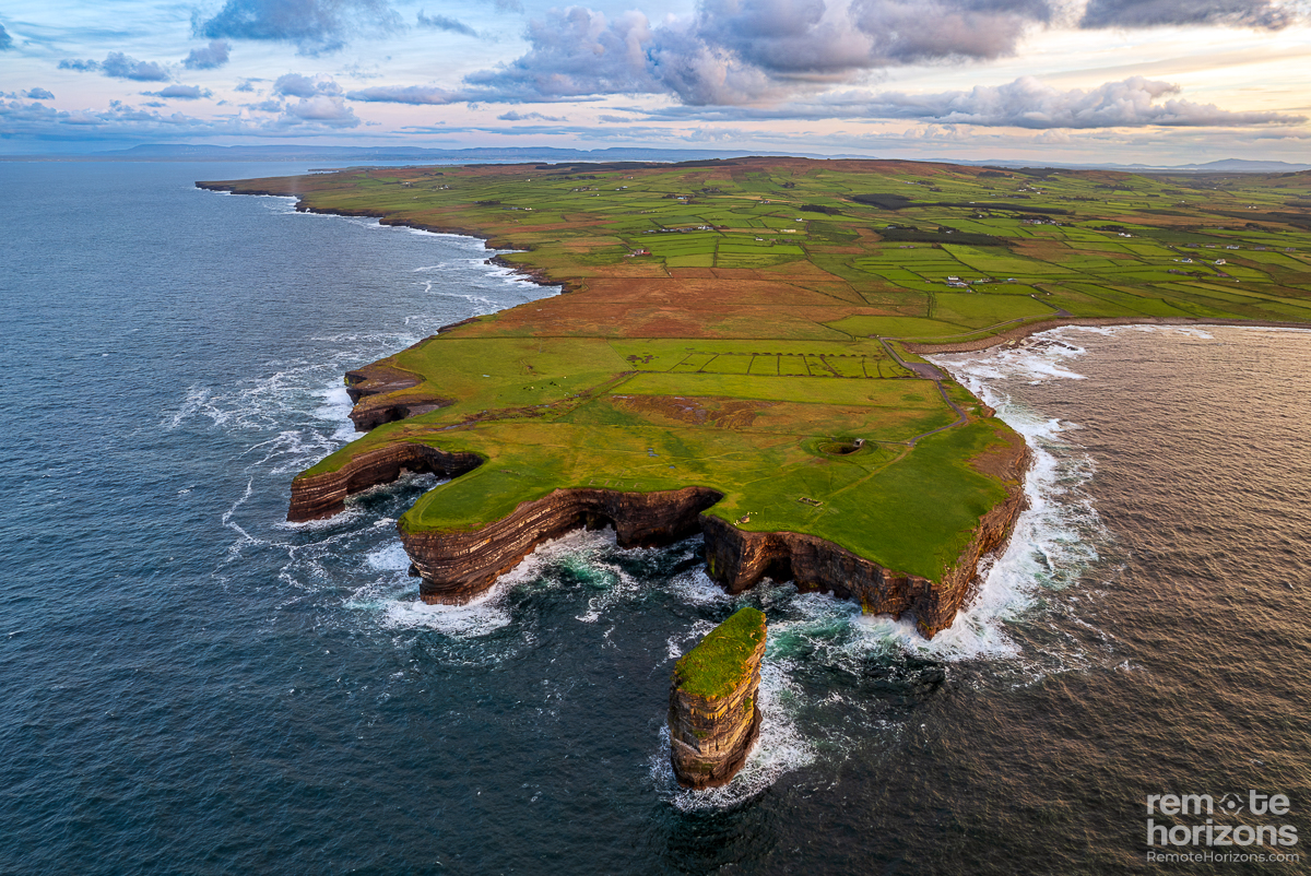 Aerial landscape photograph of Downpatrick Head, Ireland